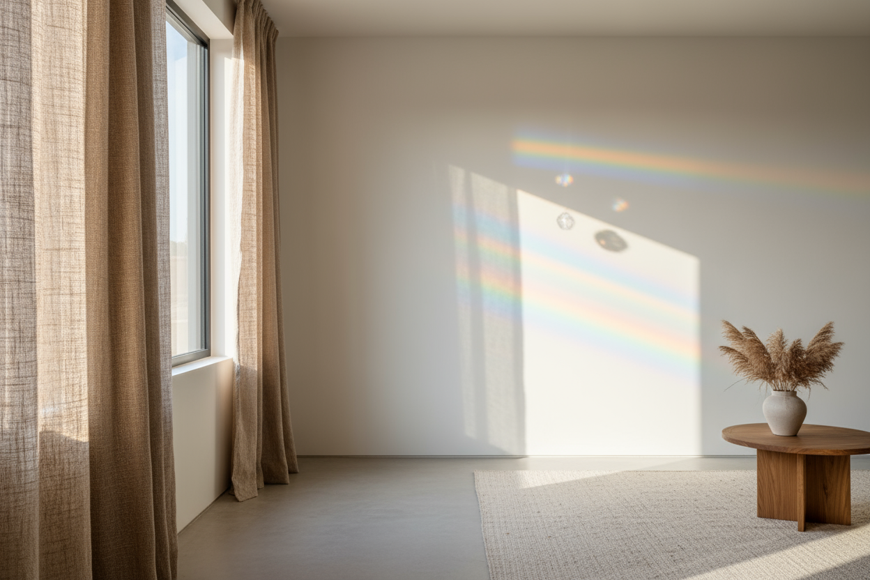 Das Bild soll einen Regenbogen als Lichtreflex an eine helle Wand mit Jute Vorhängen werfen